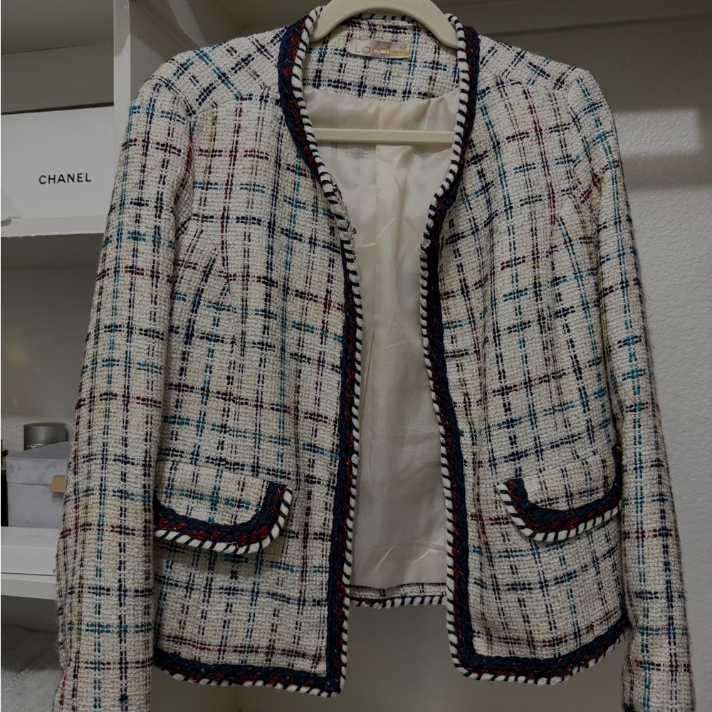 LARA Cream Tweed Plaid Open-Front Jacket with Navy Trim